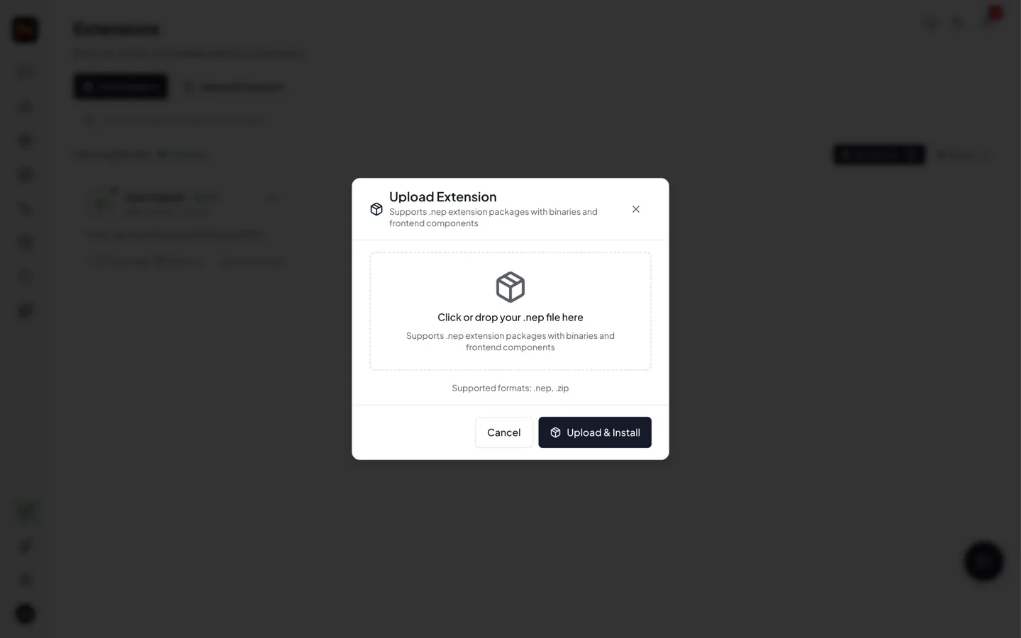 Upload extension: drop the .nep package to install